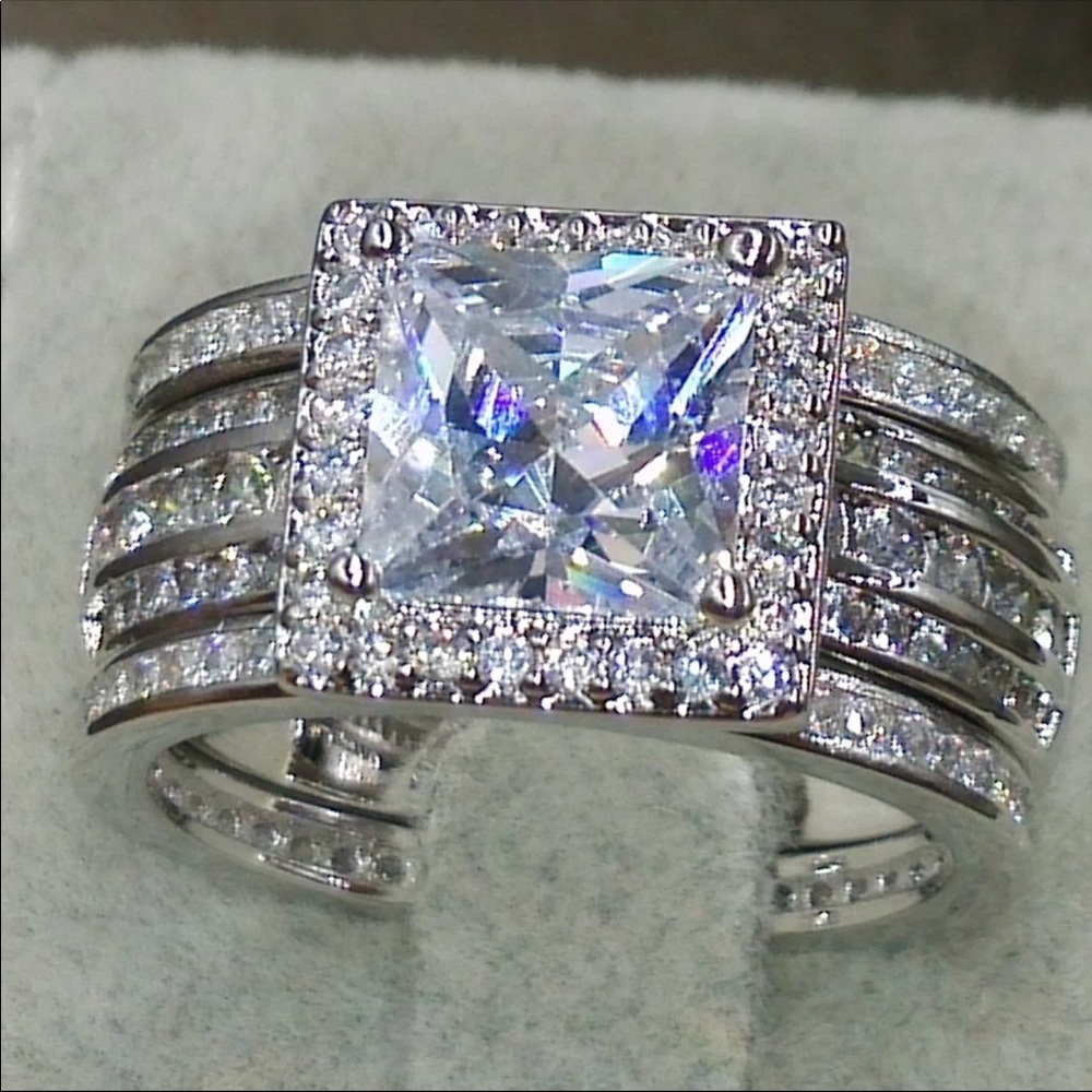 (Size 7)real silver 3 in 1 engagement ring set